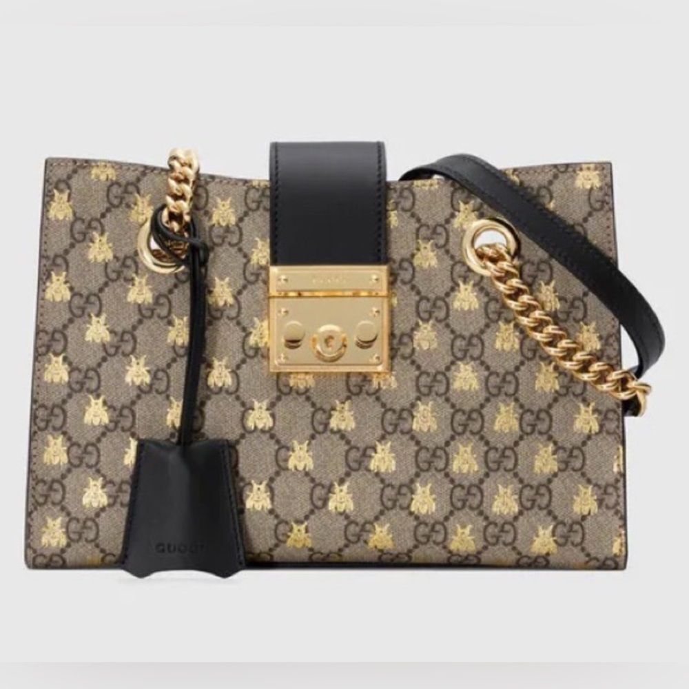 Brand new Gucci GG Supreme Monogram Bees Padlock Tote Beige Oro Black